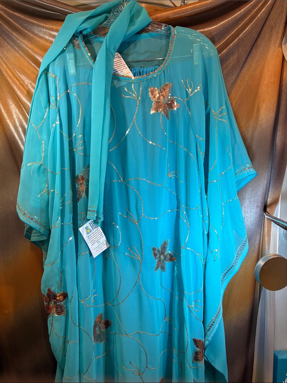 Vintage Turquoise Beaded Floral Kaftan w/double slit skirt scarf box A